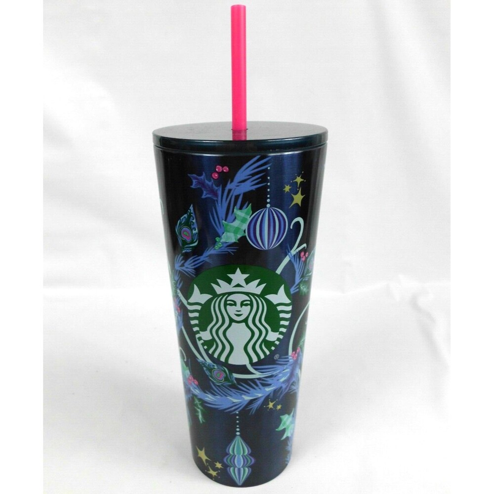 Starbucks Christmas Holidays 2024 Tumbler Cup Blue Ornaments w Straw 24 oz New
